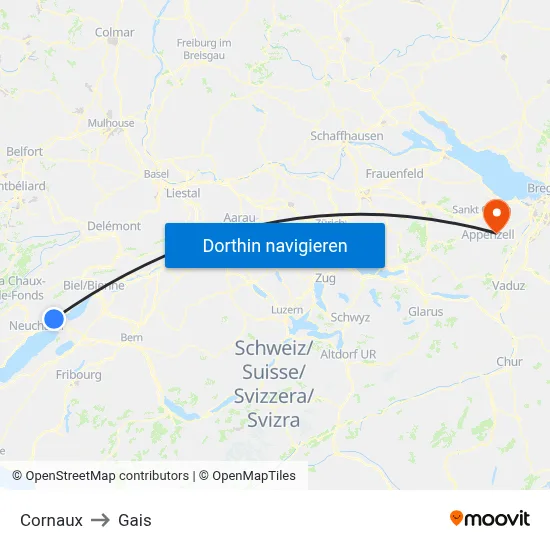 Cornaux to Gais map
