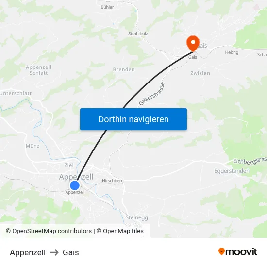 Appenzell to Gais map