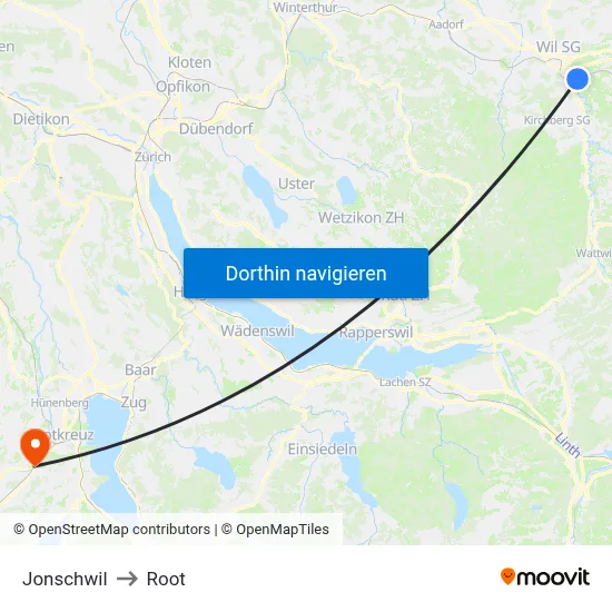 Jonschwil to Root map