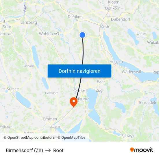 Birmensdorf (Zh) to Root map