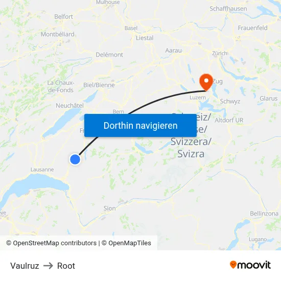 Vaulruz to Root map