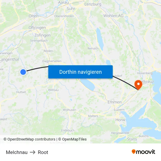 Melchnau to Root map