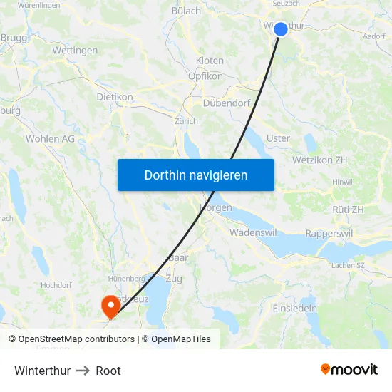 Winterthur to Root map