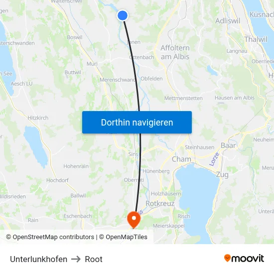 Unterlunkhofen to Root map