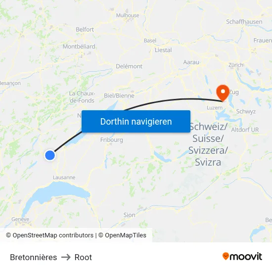Bretonnières to Root map