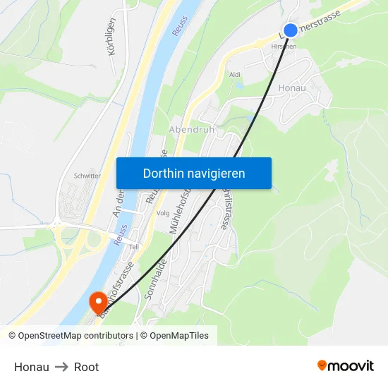 Honau to Root map