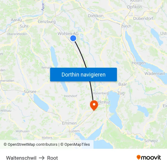 Waltenschwil to Root map