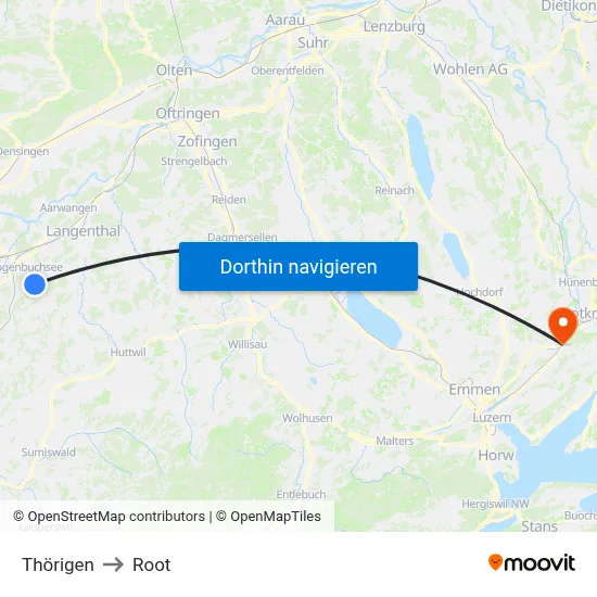 Thörigen to Root map