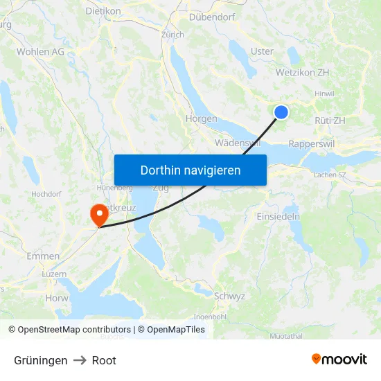 Grüningen to Root map