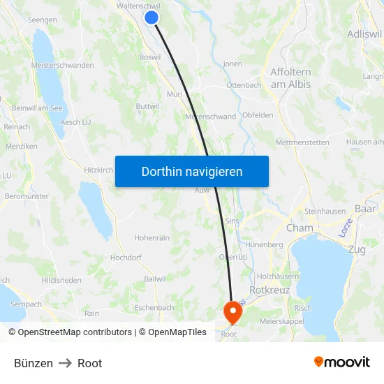Bünzen to Root map