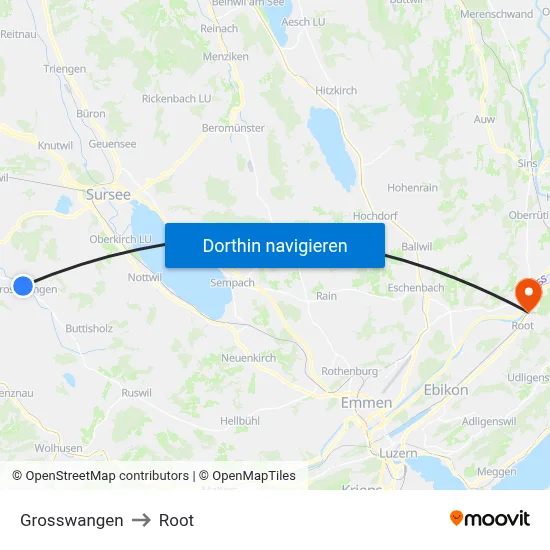 Grosswangen to Root map