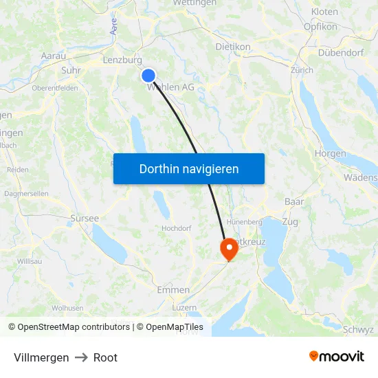 Villmergen to Root map
