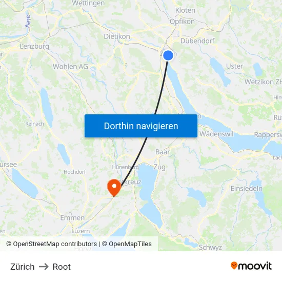 Zürich to Root map