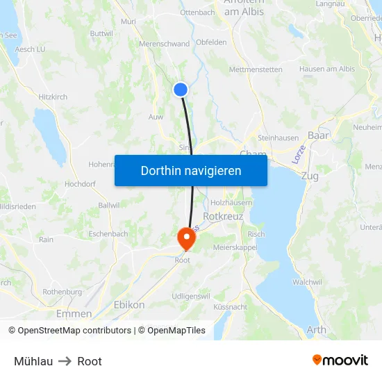 Mühlau to Root map