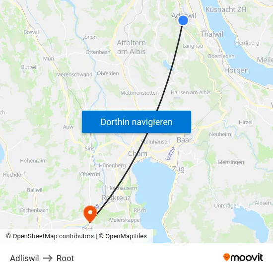 Adliswil to Root map