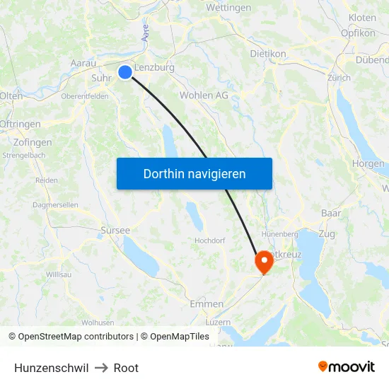 Hunzenschwil to Root map