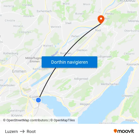 Luzern to Root map
