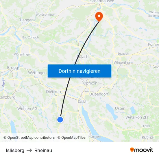 Islisberg to Rheinau map