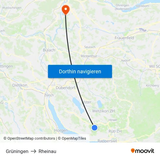 Grüningen to Rheinau map