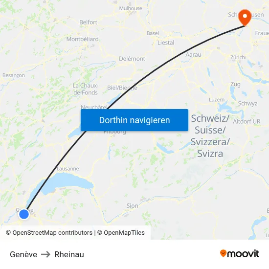 Genève to Rheinau map
