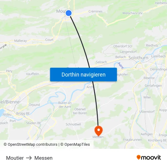 Moutier to Messen map