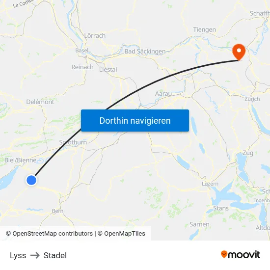 Lyss to Stadel map