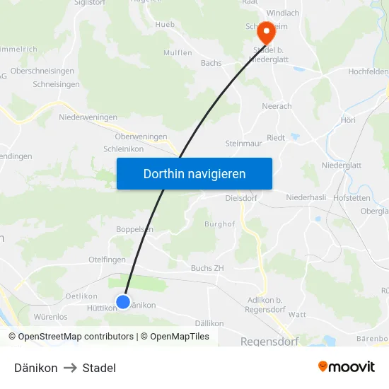 Dänikon to Stadel map