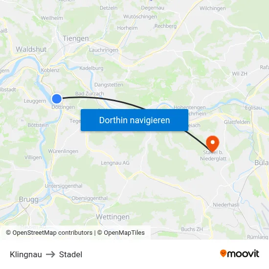 Klingnau to Stadel map