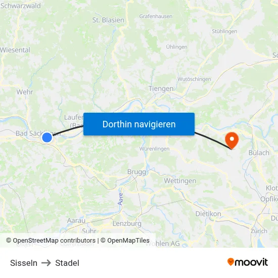 Sisseln to Stadel map