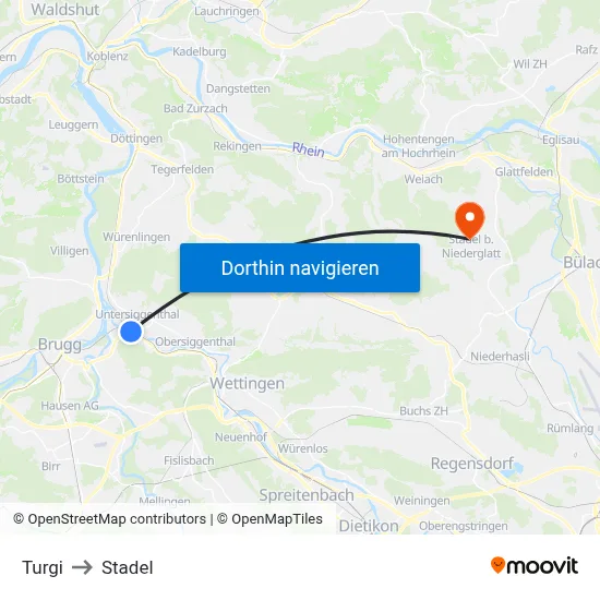 Turgi to Stadel map