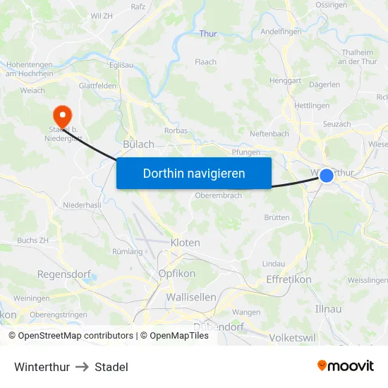 Winterthur to Stadel map