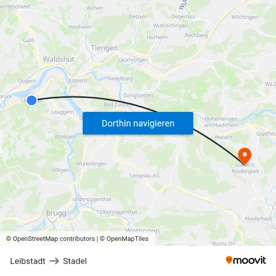 Leibstadt to Stadel map