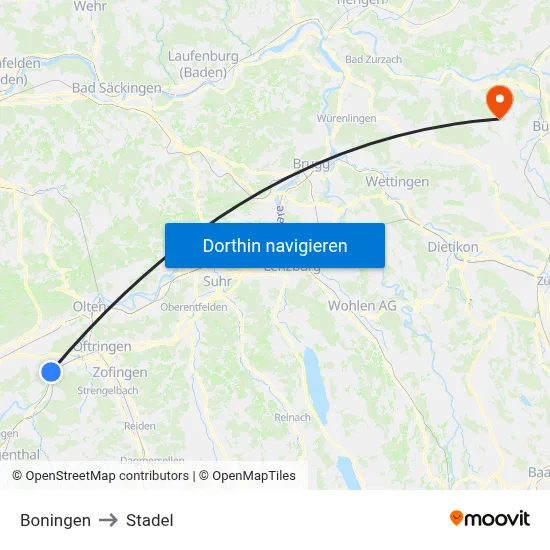 Boningen to Stadel map