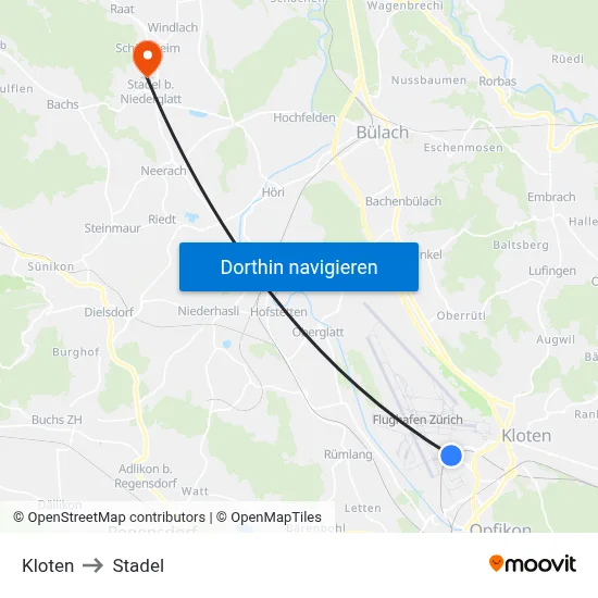 Kloten to Stadel map
