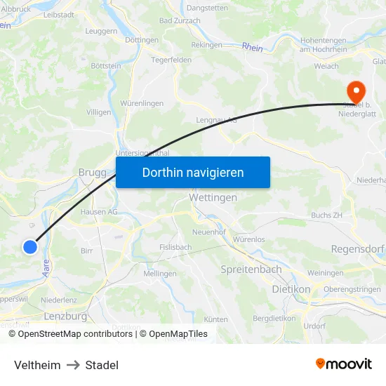 Veltheim to Stadel map