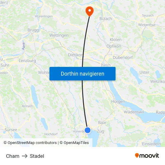 Cham to Stadel map