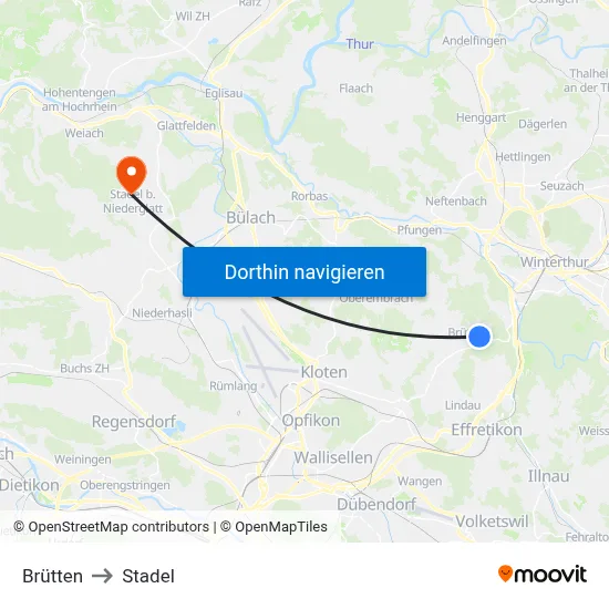 Brütten to Stadel map