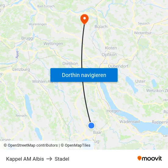 Kappel AM Albis to Stadel map