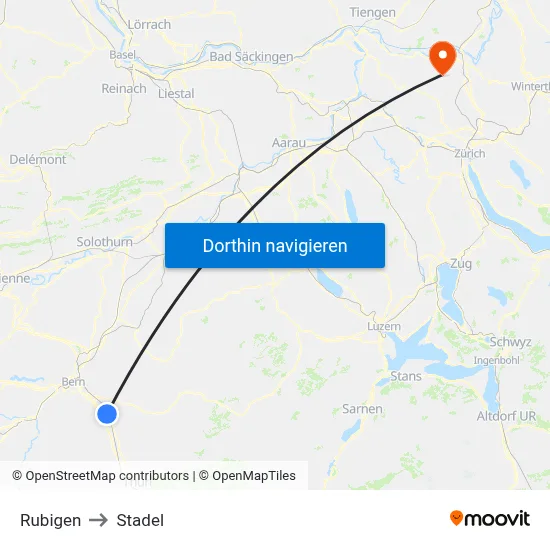 Rubigen to Stadel map