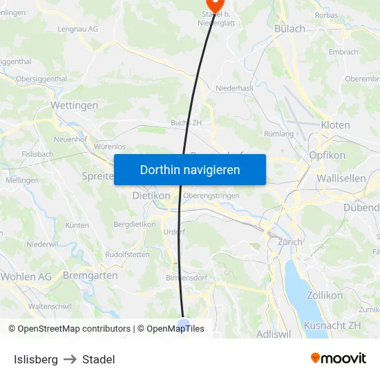 Islisberg to Stadel map