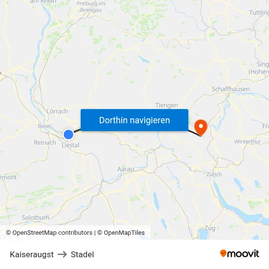 Kaiseraugst to Stadel map