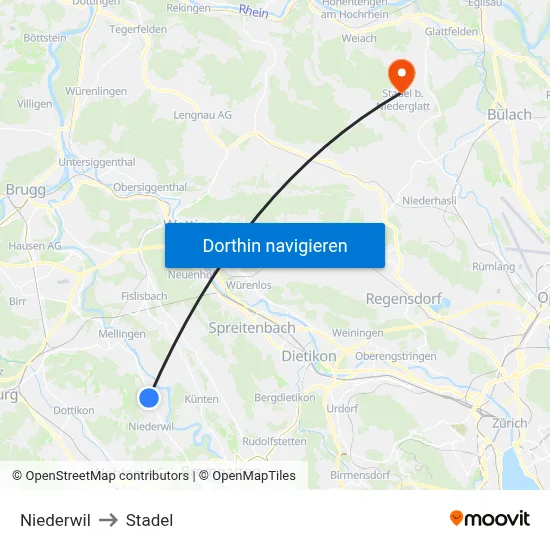 Niederwil to Stadel map