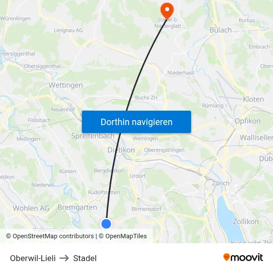 Oberwil-Lieli to Stadel map