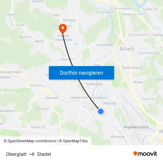Oberglatt to Stadel map