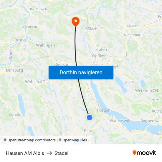 Hausen AM Albis to Stadel map
