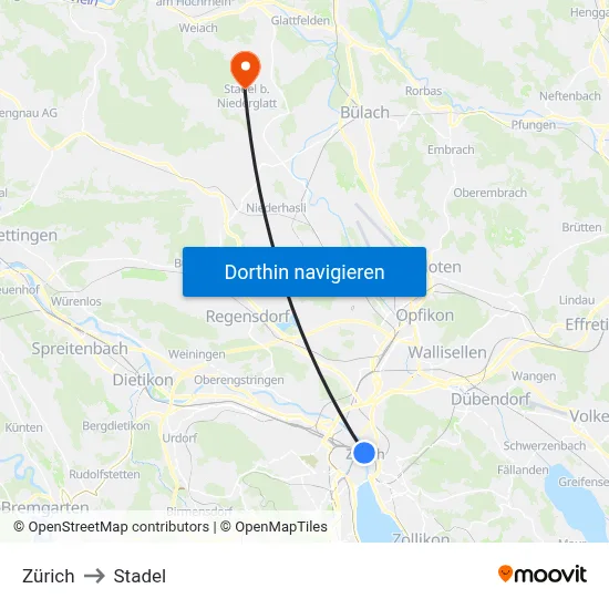 Zürich to Stadel map