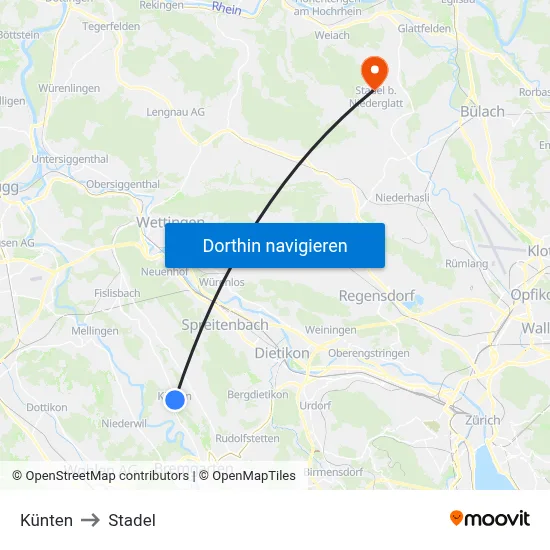 Künten to Stadel map