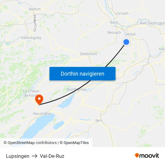 Lupsingen to Val-De-Ruz map