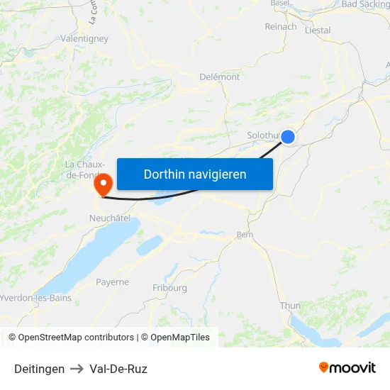Deitingen to Val-De-Ruz map