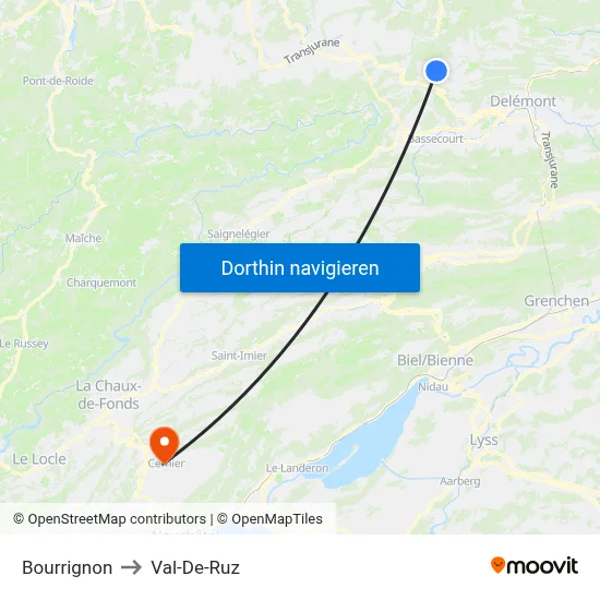 Bourrignon to Val-De-Ruz map